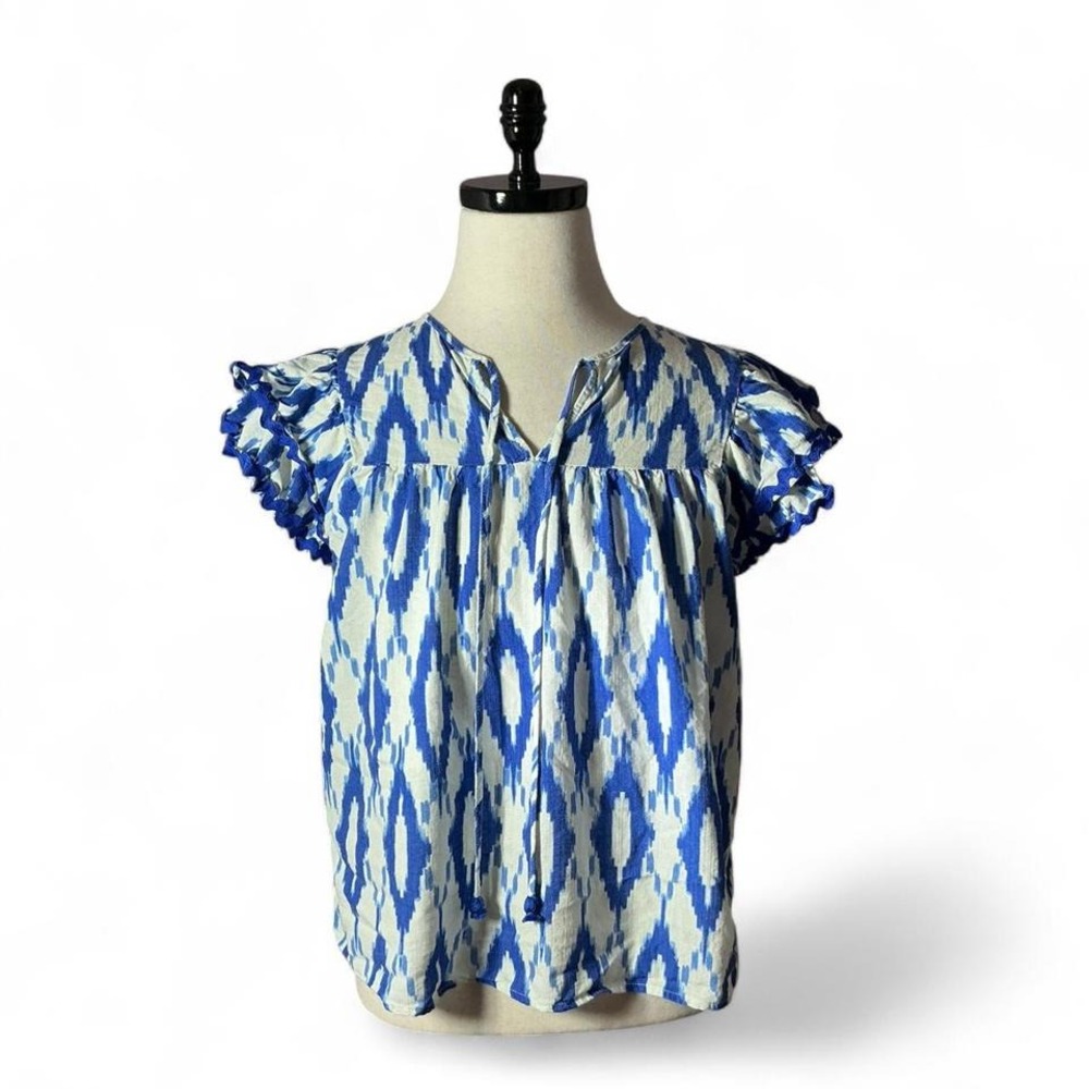 Flying Tomato Blue White Ikat Print Ruffle Sleeve‎ V Neck Tassel Top Women's L